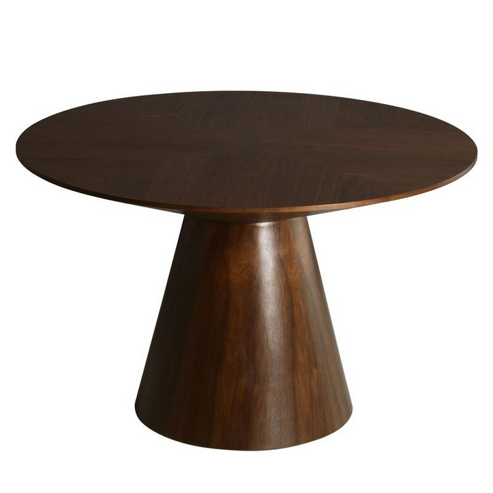 LeisureMod 5-Piece Dining Set with Round Wooden Table in Walnut and 4 Leather Dining Chairs in Dark Walnut/Brown Table.