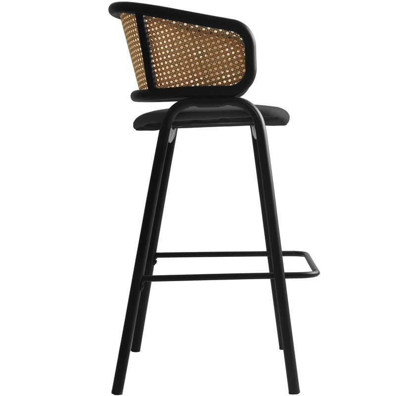 LeisureMod Ervilla Wicker Bar Stool with Fabric Seat and Black Steel Frame in Black Leather Side View.