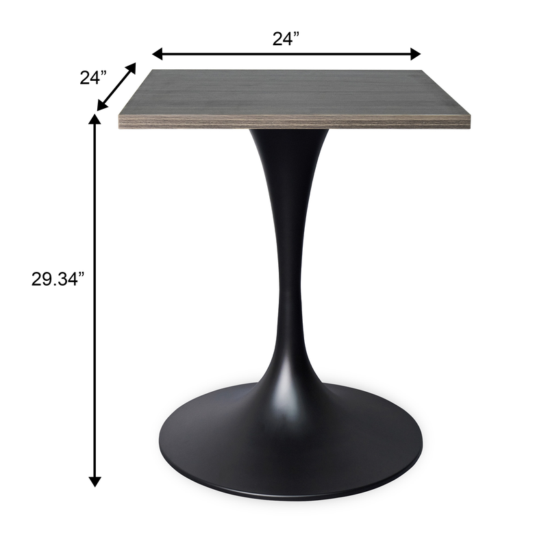 LeisureMod Verve Collection 24 Square Dining Table, Black Base with Dark Maple MDF Top Dimensions.