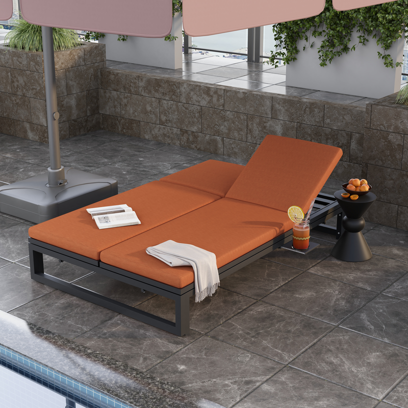 LeisureMod Chelsea Convertible Lounge Reclining Double Chaise with Cushions Orange Image.