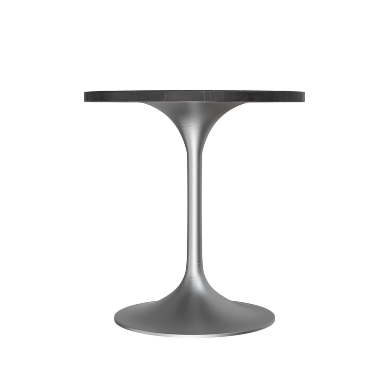 LeisureMod Verve Collection 27 Round Dining Table, Brushed Chrome Base with Sintered Stone Black Top Side View.