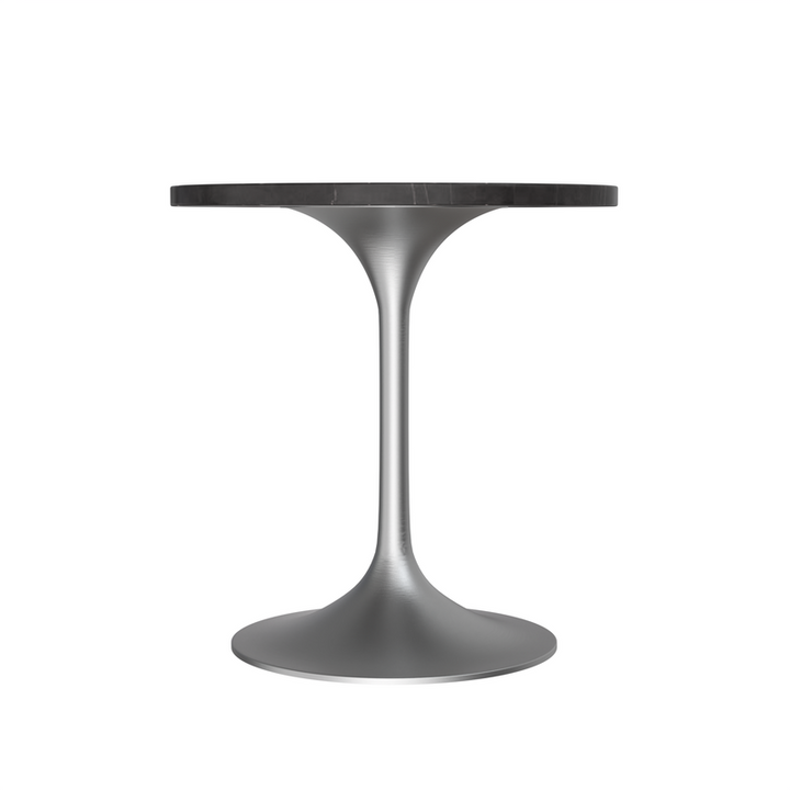 LeisureMod Verve Collection 27 Round Dining Table, Brushed Chrome Base with Sintered Stone Black Top Side View.