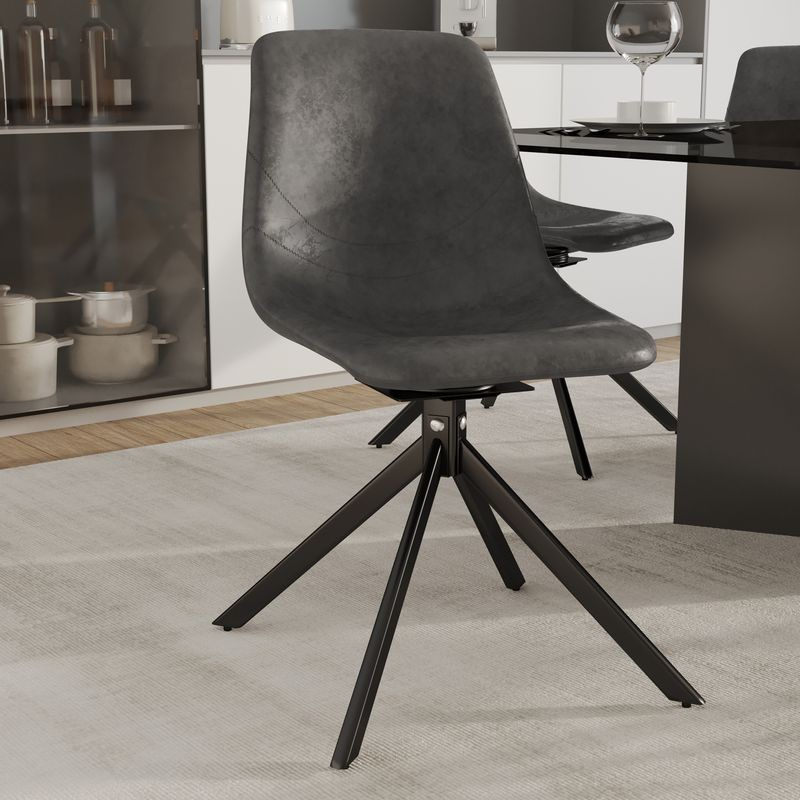 LeisureMod Markley Modern Leather Swivel Dining Chair with Metal Legs in Grey with Background.