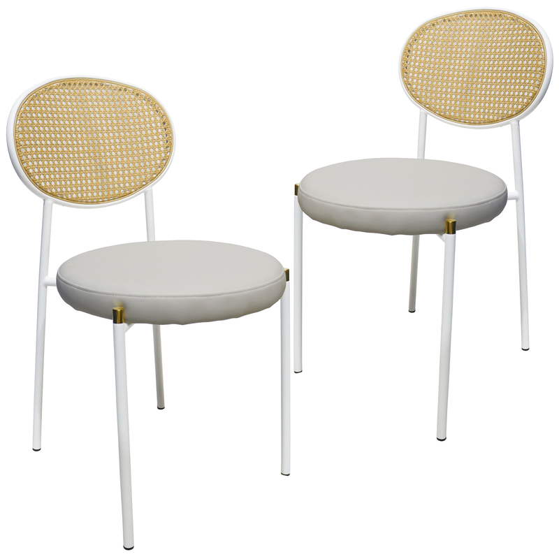 LeisureMod Euston Modern Wicker Dining Chair with White Frame and Leather Seat in White Set of 2
