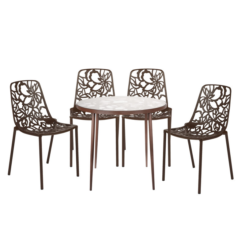 LeisureMod Devon Mid-Century Modern 5-Piece Aluminum Outdoor Patio Dining Set with Tempered Glass Top Table and 4 Stackable Flower Design Chairs Brown without Background.