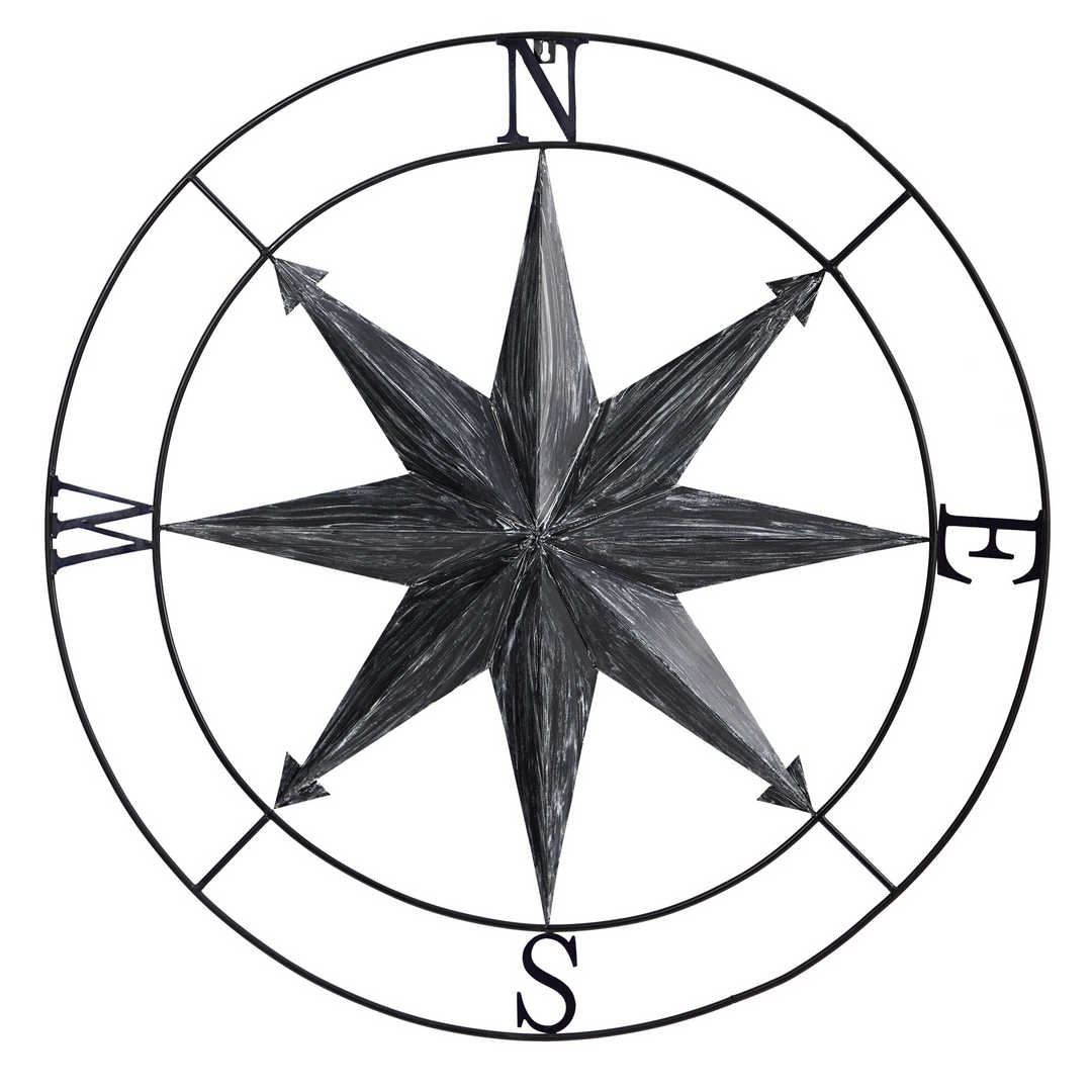 40” Washed Nautical Metal Compass Wall Art Decor