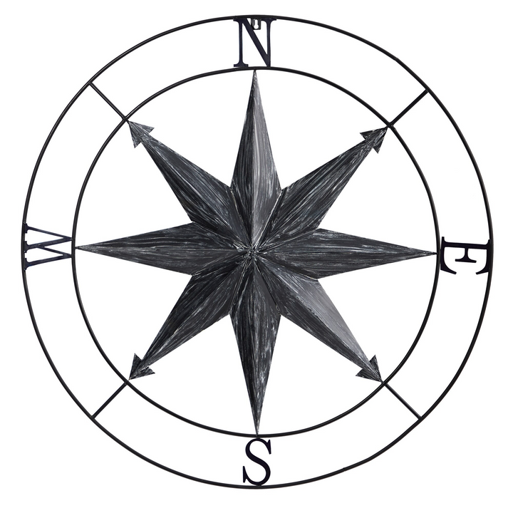 40” Washed Nautical Metal Compass Wall Art Decor
