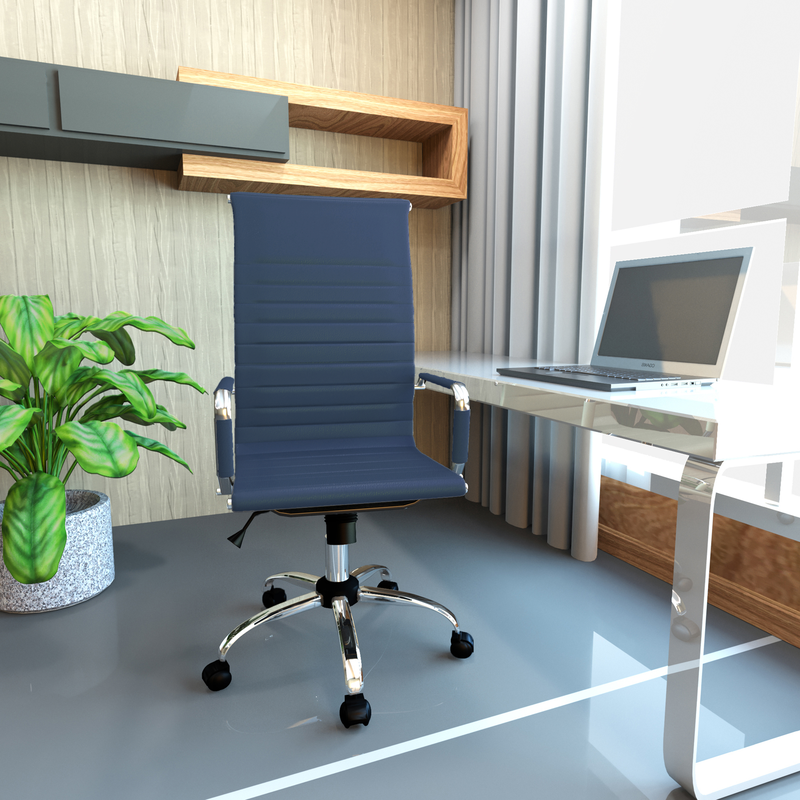LeisureMod Harris High-Back Office Chair with Swivel Navy Blue at Desk.