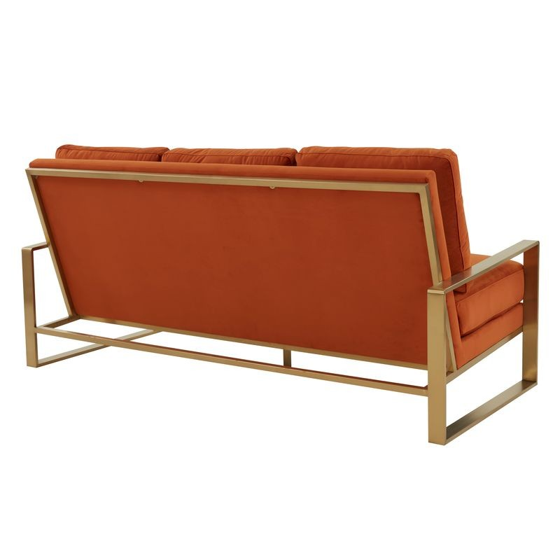 LeisureMod Jefferson Contemporary Modern Design Velvet Sofa with Gold Frame Orange Back View.