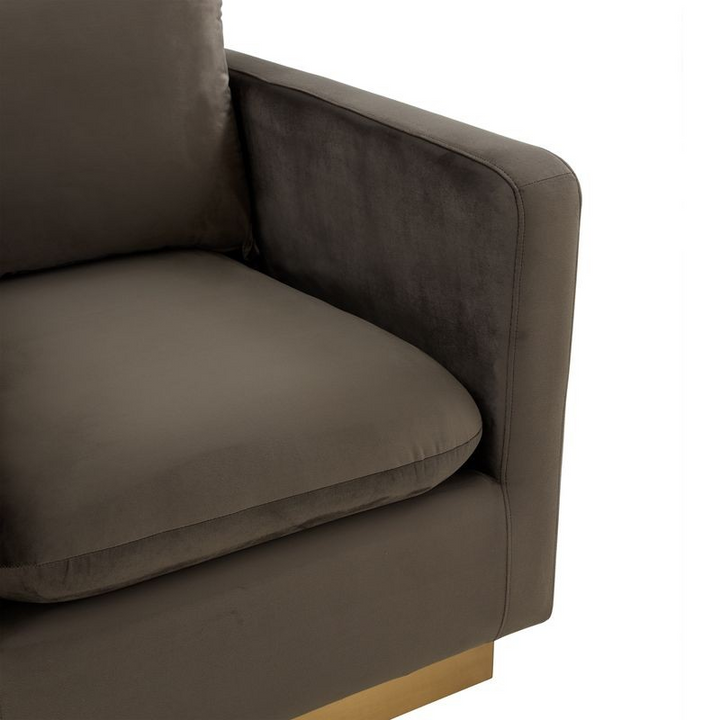 LeisureMod Nervo Velvet Accent Armchair with Gold Frame Dark Grey Zoomed In.