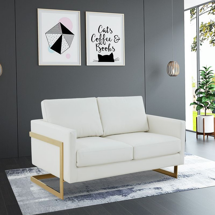 LeisureMod Lincoln Modern Mid-Century Upholstered PU Leather Loveseat with Gold Frame White with Background.