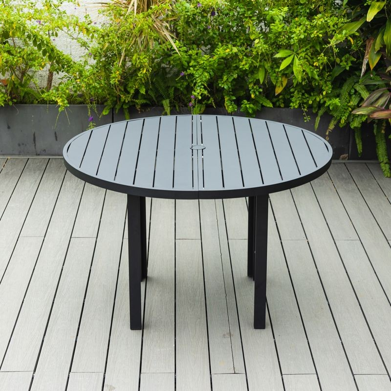 LeisureMod Chelsea 60″ Round Outdoor Aluminum Dining Table for Patio Black Photo.