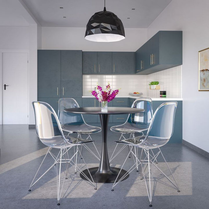 LeisureMod Cresco Molded Eiffel Side Chair Clear at Table.