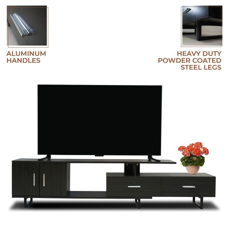 LeisureMod Avery Mid-Century Modern TV Stand with MDF Cabinet and Powder Coated Steel Legs Ebony Details.