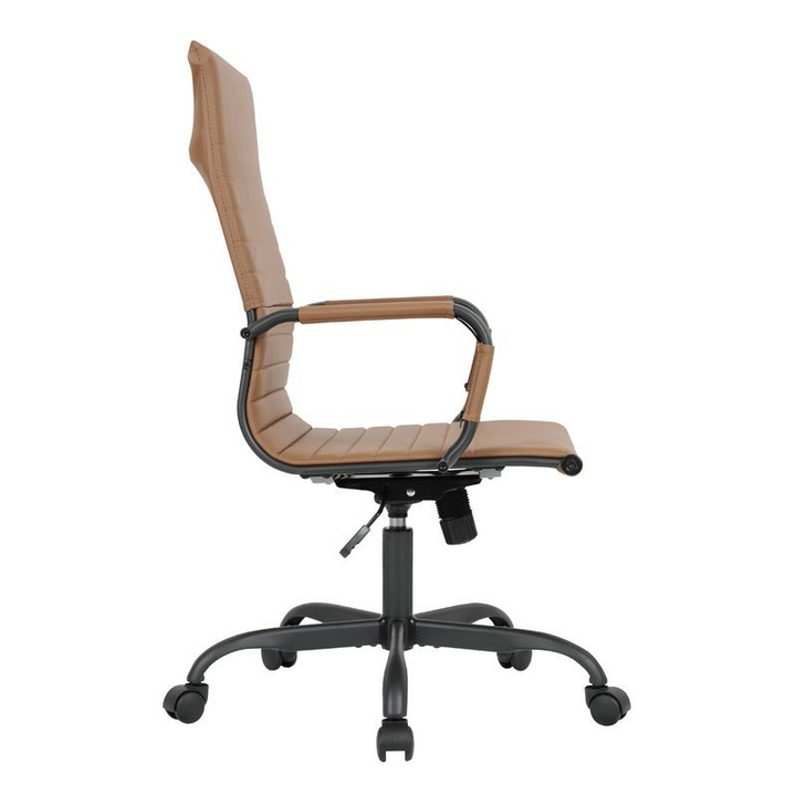LeisureMod Harris Leather Home High-Back Office Chair in Light Brown with Black Frame Side View.