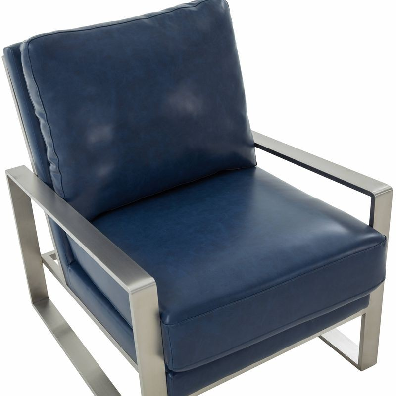 LeisureMod Jefferson Faux Leather Modern Design Accent Armchair with Elegant Silver Frame Navy Blue Zoomed In.