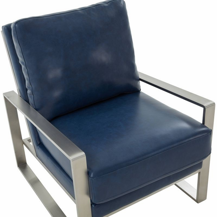 LeisureMod Jefferson Faux Leather Modern Design Accent Armchair with Elegant Silver Frame Navy Blue Zoomed In.