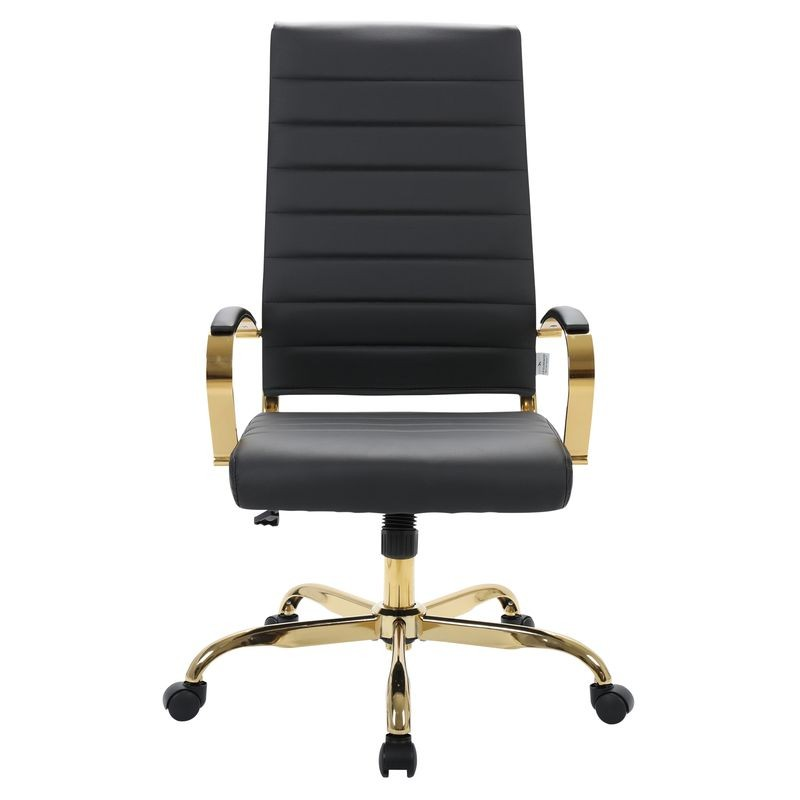 LeisureMod Benmar High-Back Leather Office Chair with Gold Frame Black Front View.
