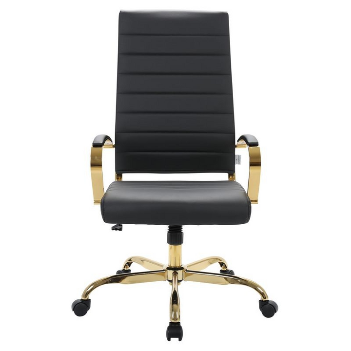 LeisureMod Benmar High-Back Leather Office Chair with Gold Frame Black Front View.