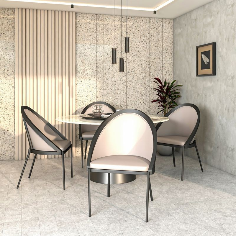 LeisureMod Urbane Collection Modern Dining Chair in Light Grey at Table.