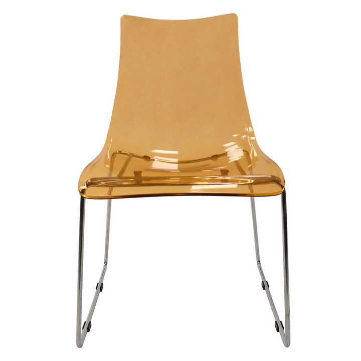Amber transparent chair with metal legs on a white background.