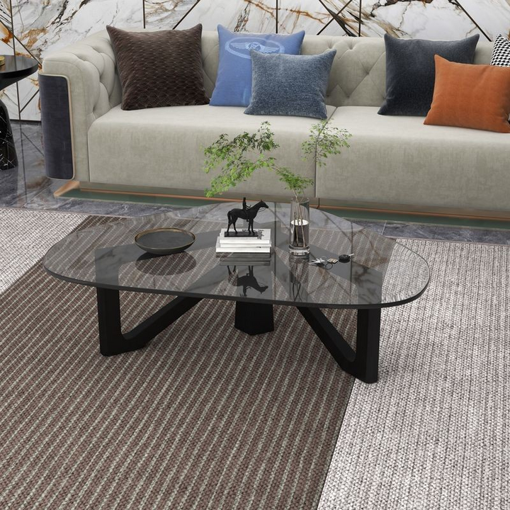 LeisureMod Imperial Triangle Coffee Table Black in Room Reverse View.