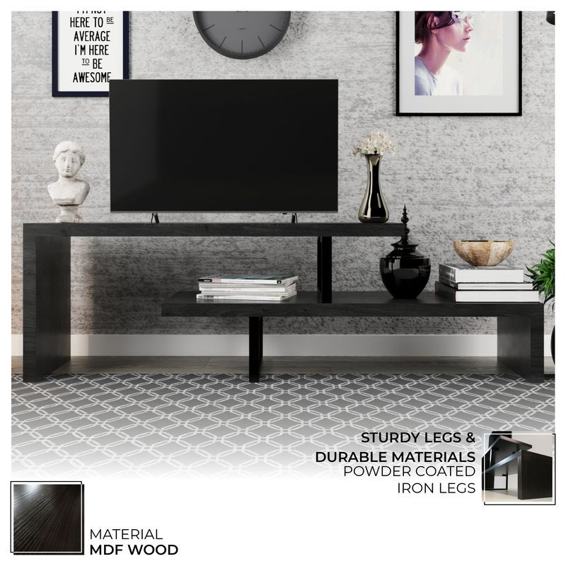 LeisureMod Orford Mid-Century Modern TV Stand with MDF Shelves and Powder Coated Iron Legs in Phantom Grey Details.