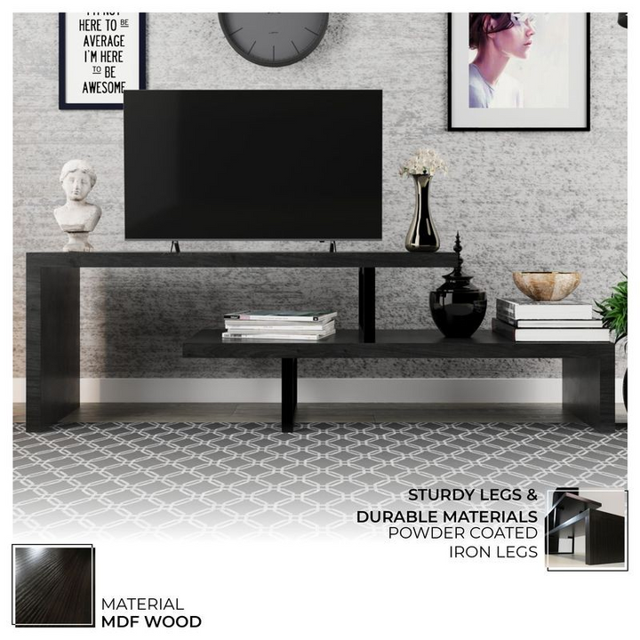 LeisureMod Orford Mid-Century Modern TV Stand with MDF Shelves and Powder Coated Iron Legs in Phantom Grey Details.
