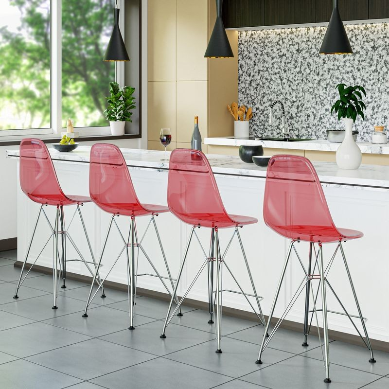 LeisureMod Cresco Modern Acrylic Barstool with Chrome Base and Footrest in Transparent Red at Bar.