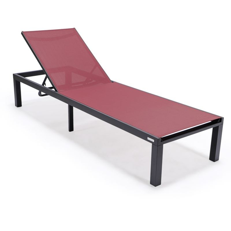 LeisureMod Marlin Patio Chaise Lounge Chair with Black Aluminum Frame Burgundy