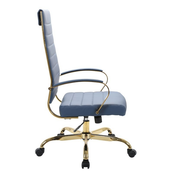 LeisureMod Benmar High-Back Leather Office Chair with Gold Frame Navy Blue Side View.