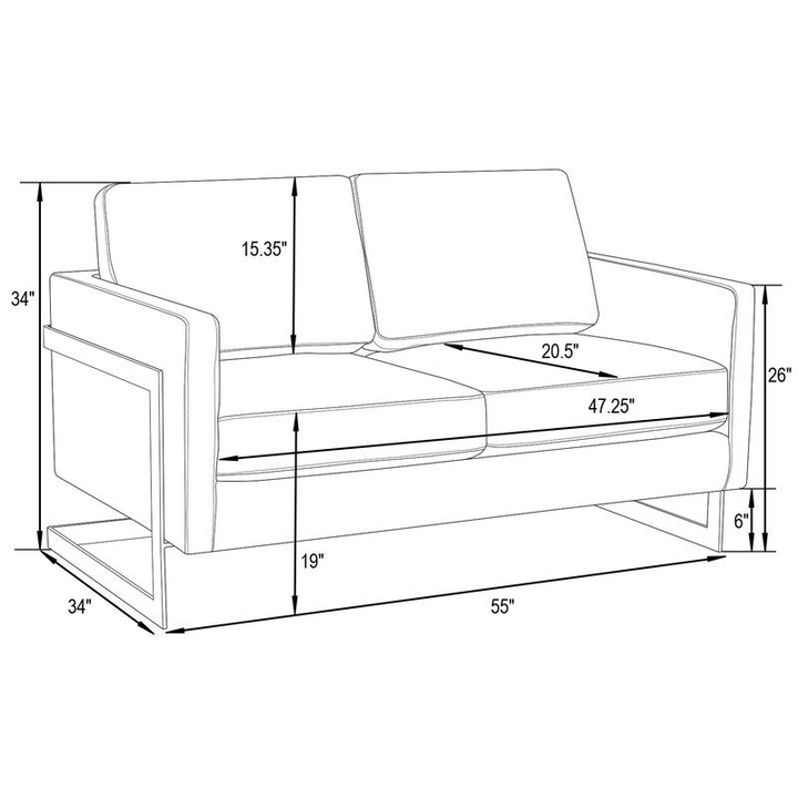 LeisureMod Lincoln Modern Mid-Century Upholstered PU Leather Loveseat with Gold Frame White Dimensions.