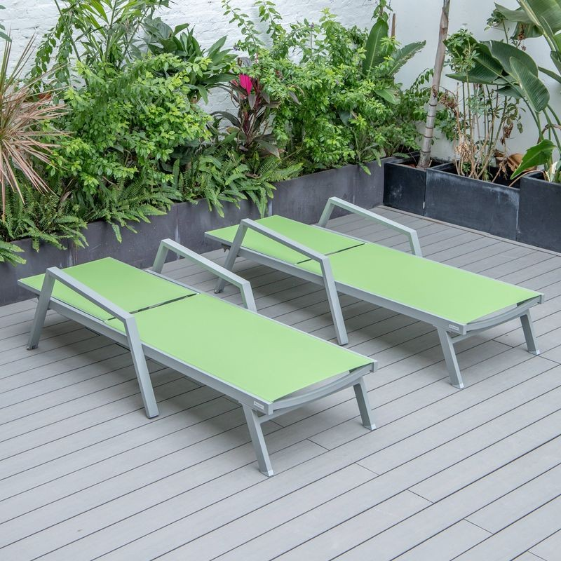 LeisureMod Marlin Patio Chaise Lounge Chair with Armrests in Grey Aluminum Frame, Set of 2 in Green Flat View.
