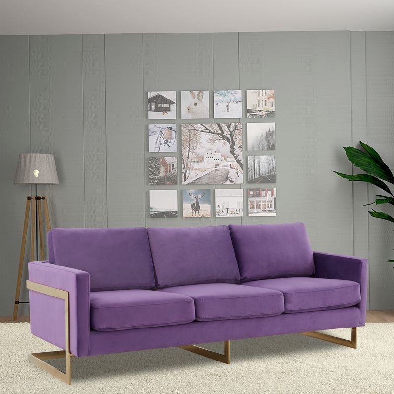 LeisureMod Lincoln Modern Mid-Century Upholstered Velvet Sofa with Gold Frame Purple with Background.