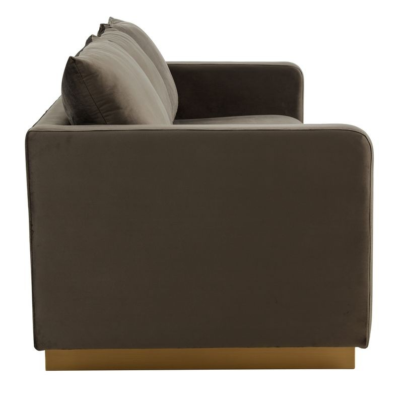 LeisureMod Nervo Modern Mid-Century Upholstered Velvet Sofa with Gold Frame Dark Grey Side View.