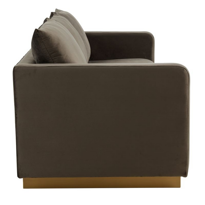 LeisureMod Nervo Modern Mid-Century Upholstered Velvet Sofa with Gold Frame Dark Grey Side View.