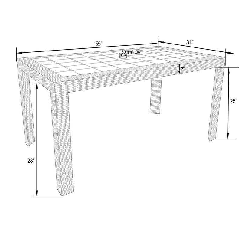 Measurement diagram of a rectangular outdoor table with dimensions labeled.