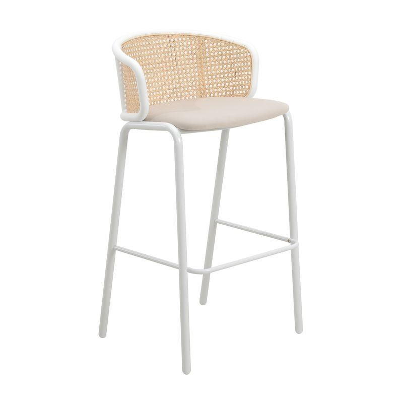 LeisureMod Ervilla Mid-Century Modern Wicker Bar Stool with Fabric Seat and White Powder Coated Steel Frame for Kitchen and Dining Room in Beige
