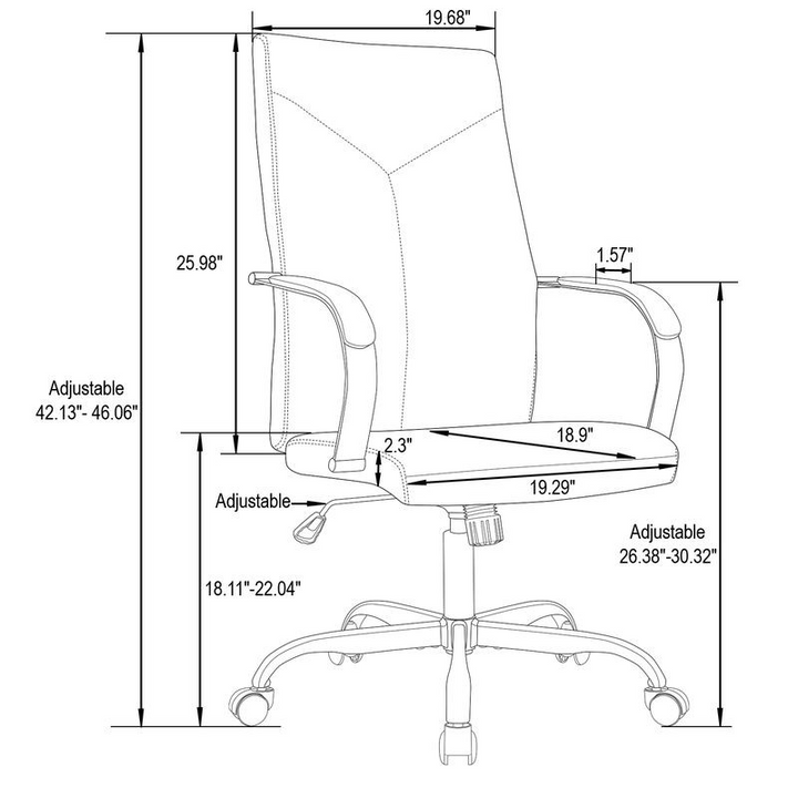 Technical drawing of an office chair with dimensions labeled.