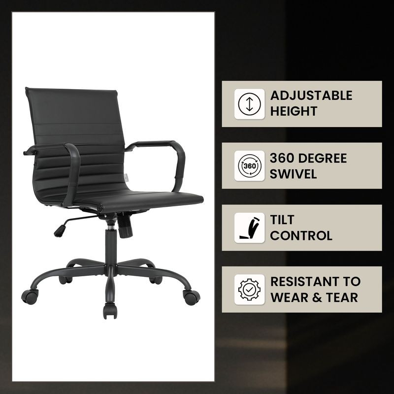 Black office chair with features listed on a white and dark background.