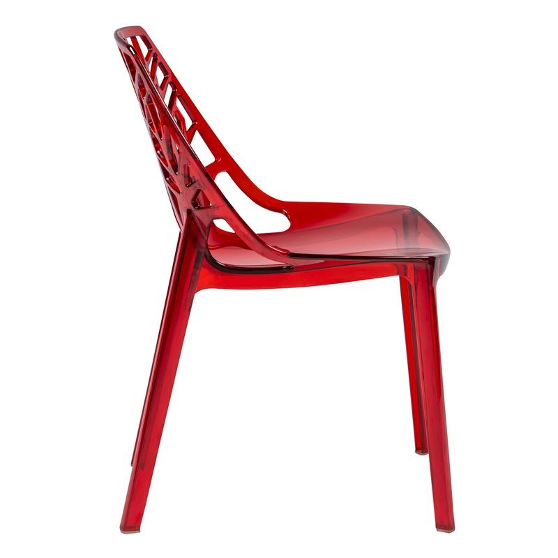 LeisureMod Cornelia Modern Spring Cut-Out Tree Design Stackable Dining Chair Transparent Red Side View.