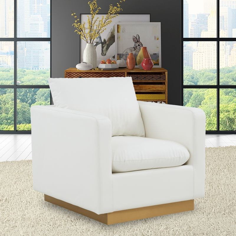 LeisureMod Nervo Faux Leather Accent Armchair with Gold Frame White with Background.