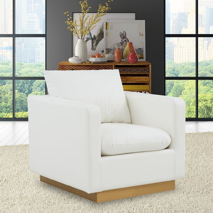 LeisureMod Nervo Faux Leather Accent Armchair with Gold Frame White with Background.