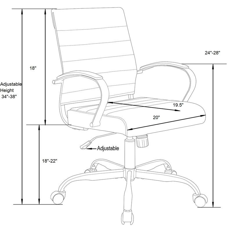 Technical drawing of an office chair with dimensions labeled.