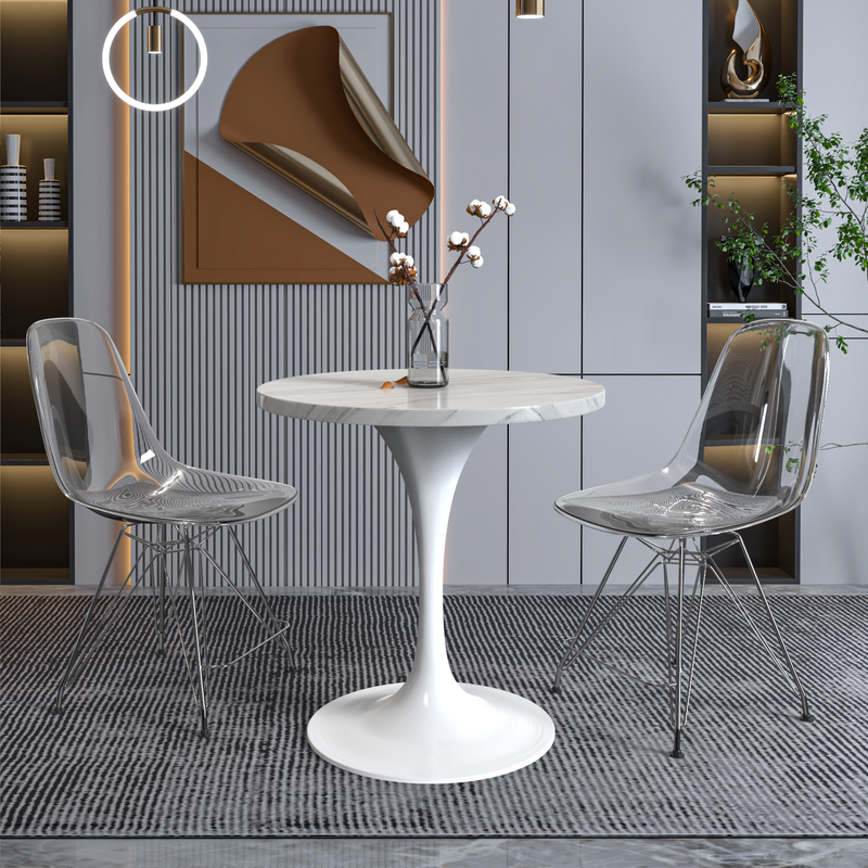 LeisureMod Verve Collection 27 Round Dining Table, White Base with Sintered Stone White Top with Background.