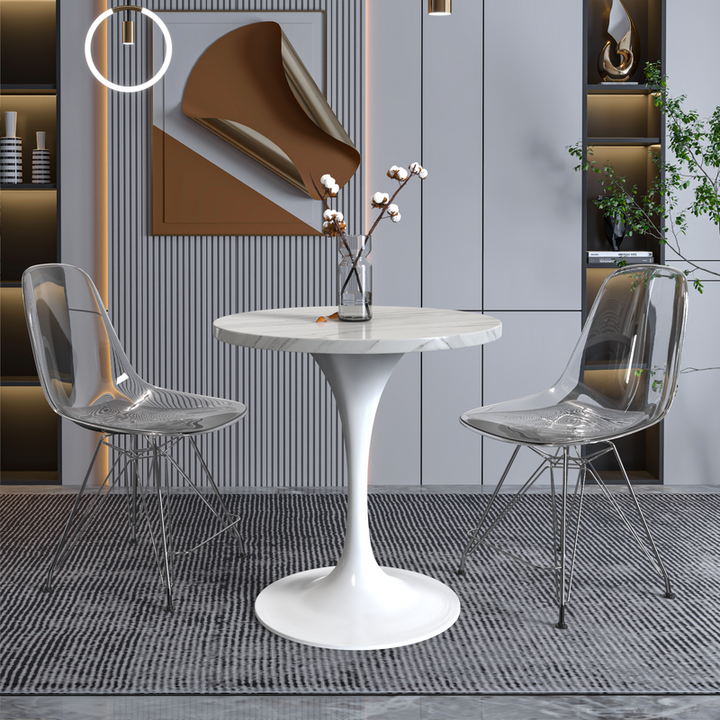 LeisureMod Verve Collection 27 Round Dining Table, White Base with Sintered Stone White Top with Background.