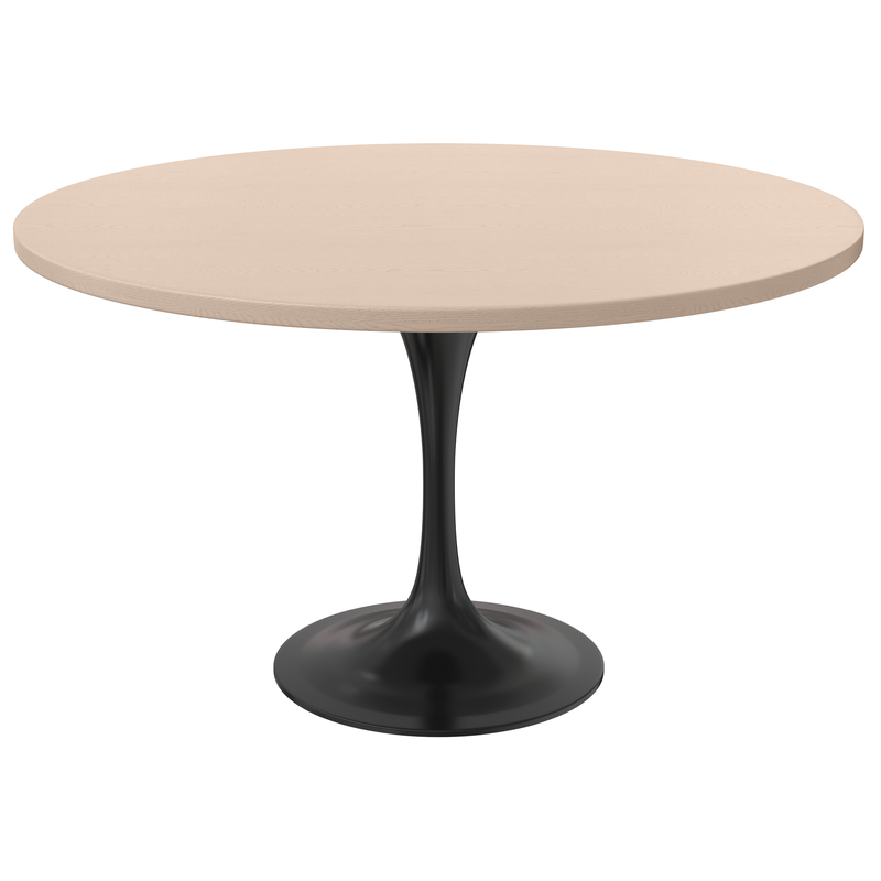 LeisureMod Verve Collection 48 Round Dining Table, Black Base with Light Natural Wood MDF Top