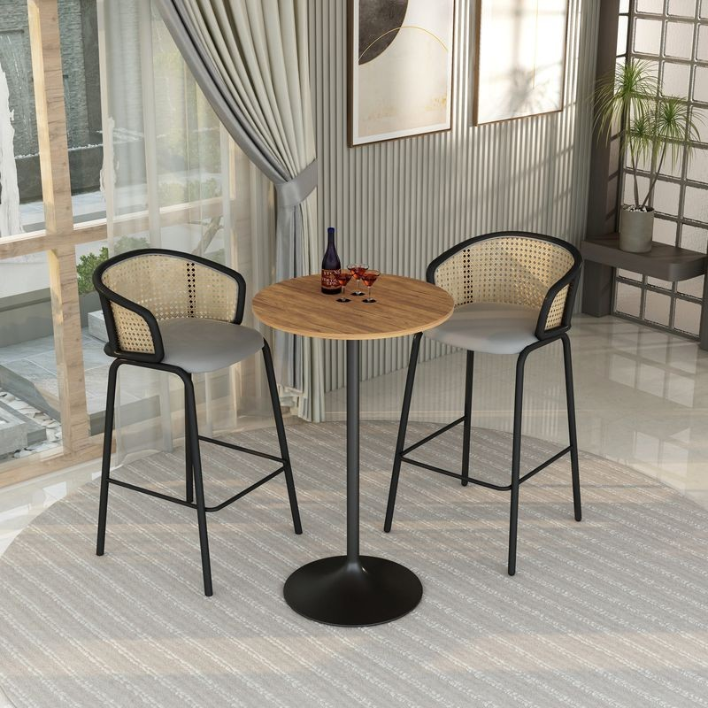 LeisureMod Verve Collection Modern Bar Height Table Black Base with 27" Round Cognac Brown MDF Top in Room.