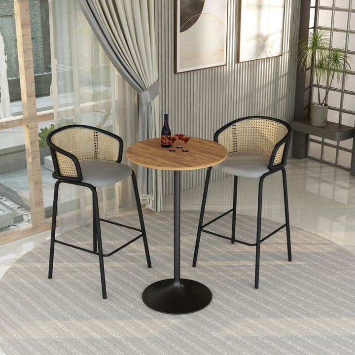 LeisureMod Verve Collection Modern Bar Height Table Black Base with 27" Round Cognac Brown MDF Top in Room.
