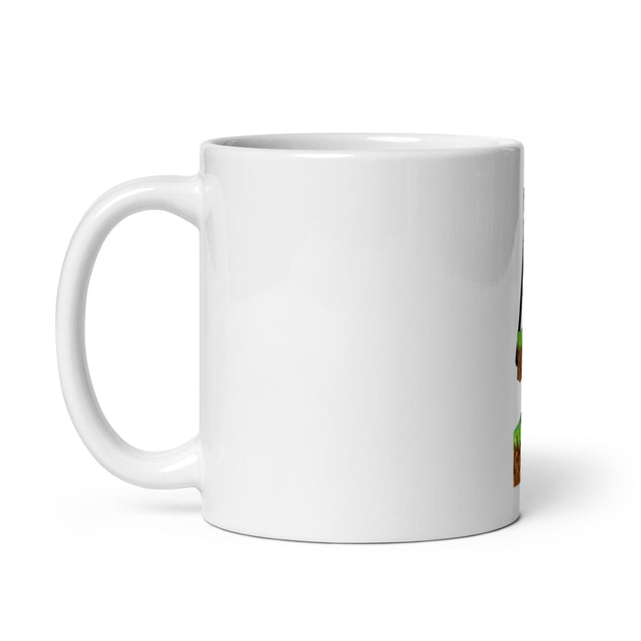 White mug with a printed design on a white background.